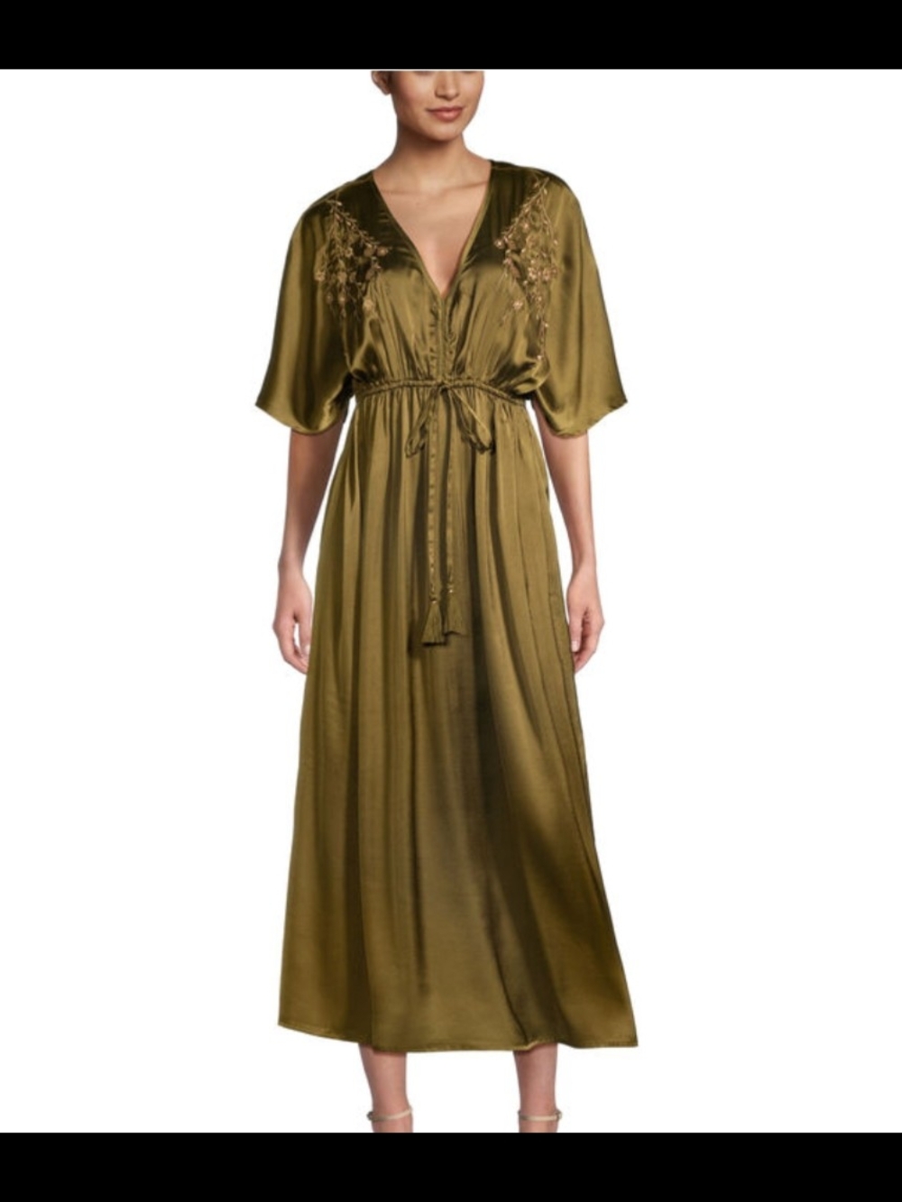 World Market Olive Green Satin Embroidered Dress, L/XL